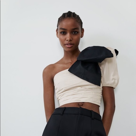 BOGO Zara Cream Pleated Top with Bow. Size Small. Sold out. - Picture 9 of 10